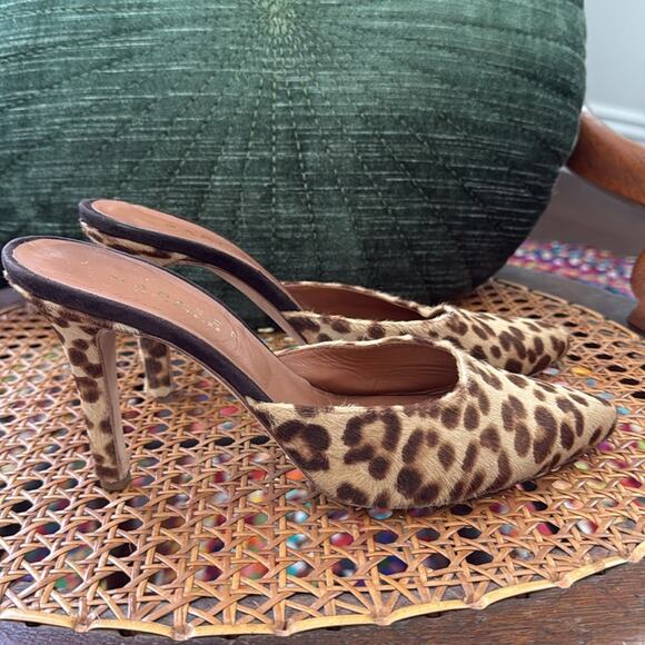 Madison Los Angeles Leopard Pony Hair Pointy Toe Open Back Heeled Mule Shoe - Picture 3 of 7